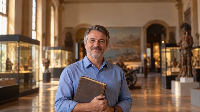 Professor de história sorrindo, com camisa social azul, segurando um livro antigo de capa lisa, em um museu histórico com vitrines desfocadas