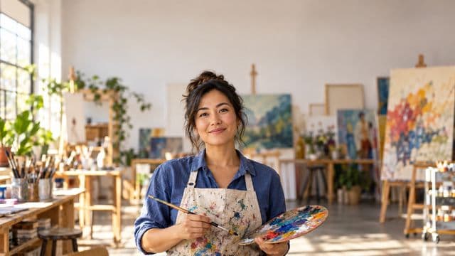 Arte-educadora sorrindo, com avental de ateliê sobre camisa azul, segurando um pincel e uma paleta de cores, em um ateliê de artes claro com telas e cavaletes