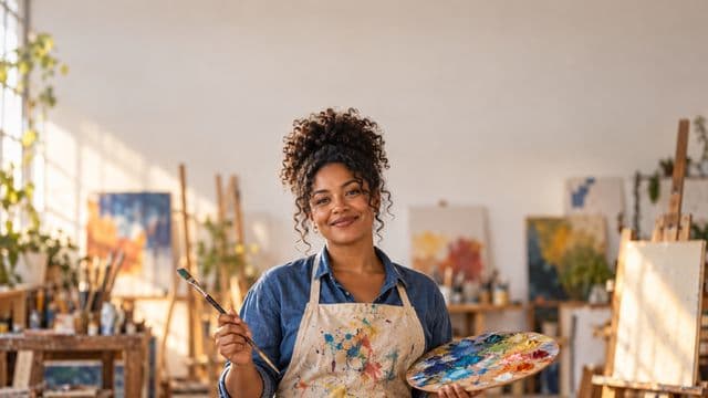 Arte-educadora sorrindo, com avental de ateliê sobre camisa azul, segurando um pincel e uma paleta de cores, em um ateliê de artes claro com telas e cavaletes