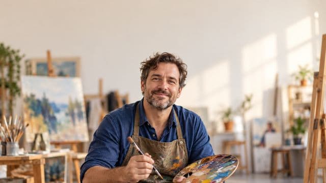 Arte-educador sorrindo, com avental de ateliê sobre camisa azul, segurando um pincel e uma paleta de cores, em um ateliê de artes claro com telas e cavaletes