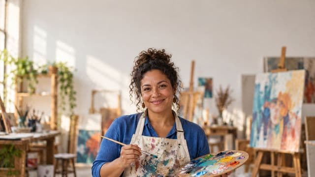 Arte-educadora sorrindo, com avental de ateliê sobre camisa azul, segurando um pincel e uma paleta de cores, em um ateliê de artes claro com telas e cavaletes