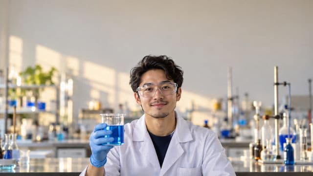 Professor de química sorrindo, com jaleco branco e óculos de proteção, segurando um béquer com líquido azul, em um laboratório de química com vidrarias