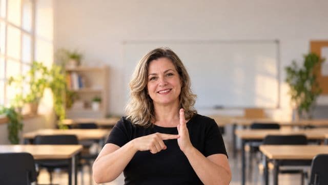 Intérprete de Libras sorrindo, com camisa preta lisa, fazendo um sinal em Libras com as mãos, em uma sala de aula moderna e clara