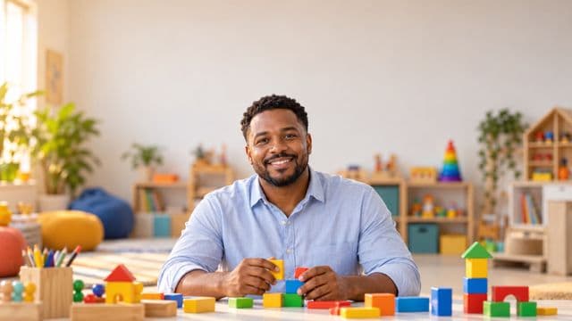 Psicopedagogo sorrindo, com camisa azul-clara, segurando blocos de montar coloridos, em uma sala de atendimento infantil colorida e organizada, com brinquedos pedagógicos