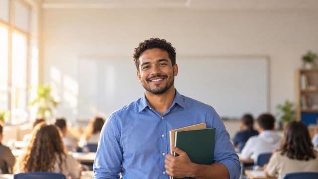 Professor sorrindo, com camisa social azul, segurando livros de capa lisa, em uma sala de aula moderna e clara com alunos desfocados