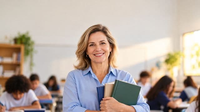 Professora sorrindo, com camisa social azul, segurando livros de capa lisa, em uma sala de aula moderna e clara com alunos desfocados