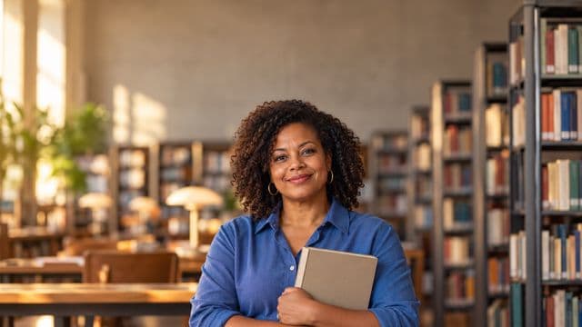 Professora de ciências humanas sorrindo, com camisa social azul, segurando um livro de capa lisa, em uma biblioteca universitária com estantes