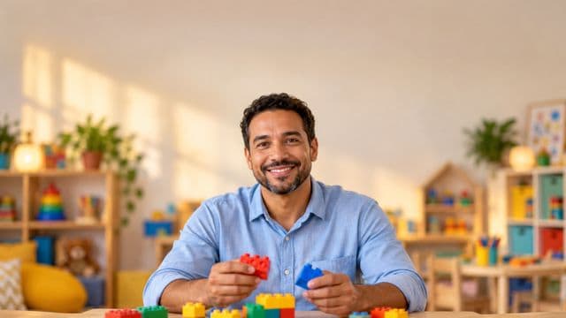 Psicopedagogo sorrindo, com camisa azul-clara, segurando blocos de montar coloridos, em uma sala de atendimento infantil colorida e organizada, com brinquedos pedagógicos