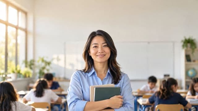 Professora sorrindo, com camisa social azul, segurando livros de capa lisa, em uma sala de aula moderna e clara com alunos desfocados