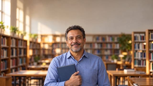 Professor de ciências humanas sorrindo, com camisa social azul, segurando um livro de capa lisa, em uma biblioteca universitária com estantes