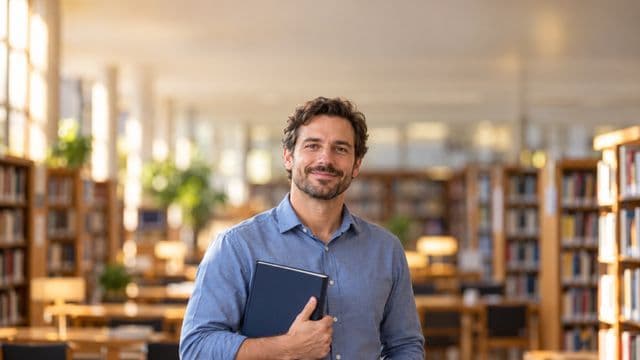 Professor de ciências humanas sorrindo, com camisa social azul, segurando um livro de capa lisa, em uma biblioteca universitária com estantes