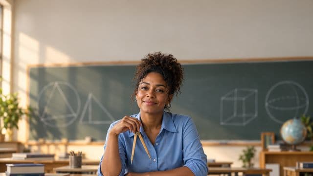 Professora de exatas sorrindo, com camisa social azul, segurando um compasso de madeira, em uma sala de aula com lousa coberta de formas geométricas