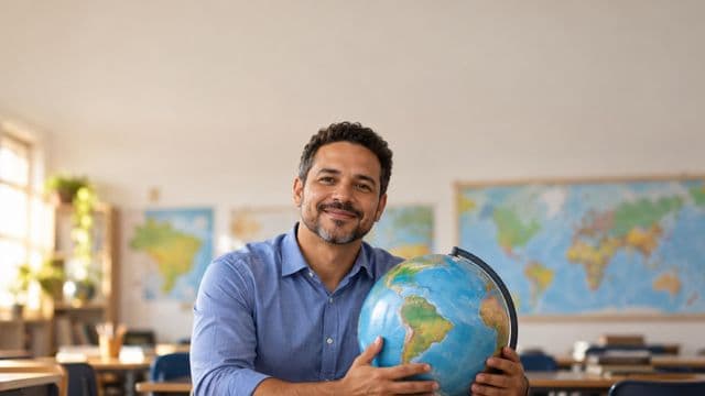 Professor de geografia sorrindo, com camisa social azul, segurando um globo terrestre, em uma sala de aula clara com mapas desfocados nas paredes