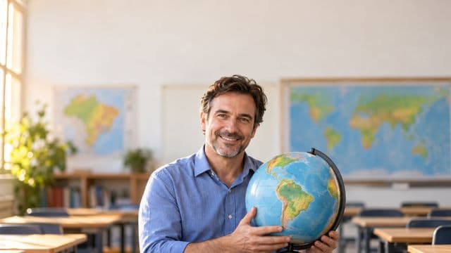 Professor de geografia sorrindo, com camisa social azul, segurando um globo terrestre, em uma sala de aula clara com mapas desfocados nas paredes