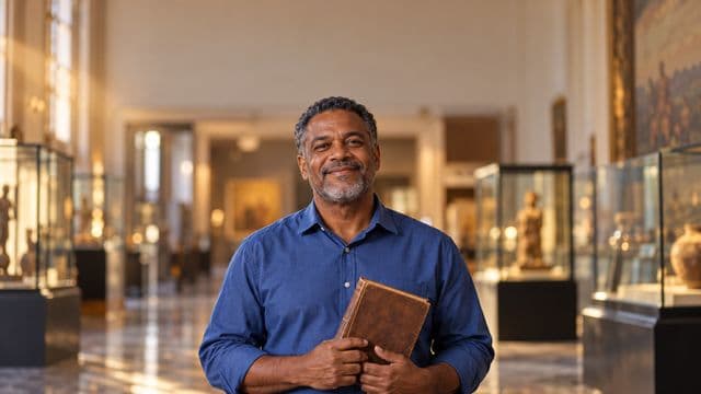 Professor de história sorrindo, com camisa social azul, segurando um livro antigo de capa lisa, em um museu histórico com vitrines desfocadas