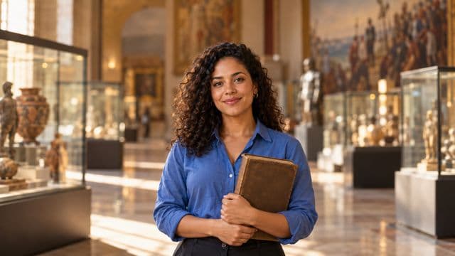 Professora de história sorrindo, com camisa social azul, segurando um livro antigo de capa lisa, em um museu histórico com vitrines desfocadas