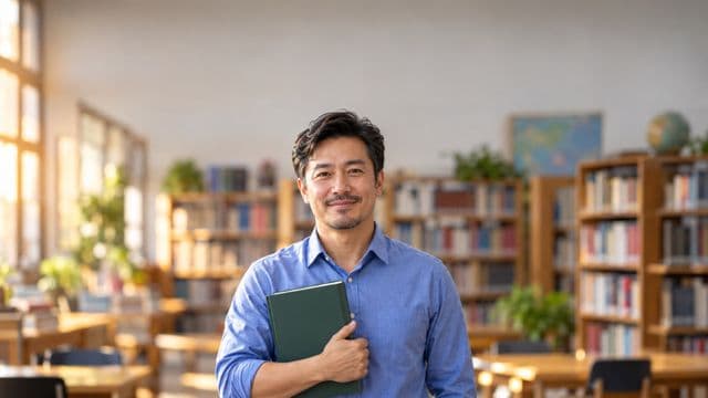 Professor de língua portuguesa sorrindo, com camisa social azul, segurando um livro de capa lisa, em uma biblioteca escolar com estantes