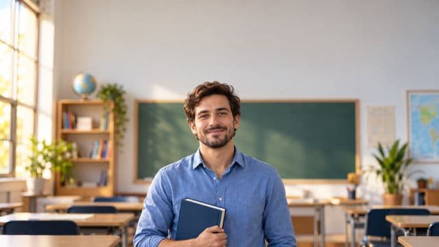 Professor de idiomas sorrindo, com camisa social azul, segurando um livro de capa lisa, em uma sala de aula de idiomas moderna