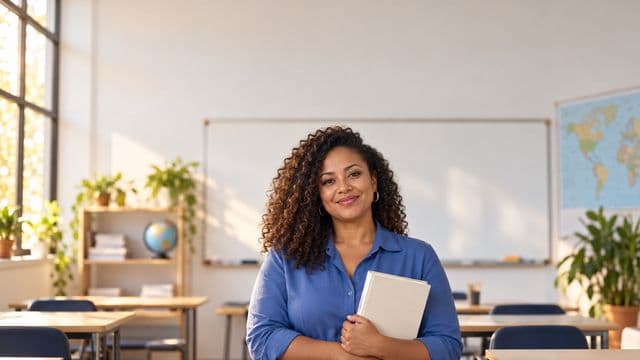 Professora de idiomas sorrindo, com camisa social azul, segurando um livro de capa lisa, em uma sala de aula de idiomas moderna
