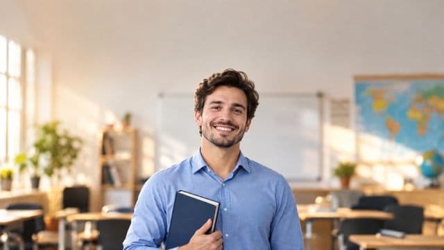 Professor de idiomas sorrindo, com camisa social azul, segurando um livro de capa lisa, em uma sala de aula de idiomas moderna