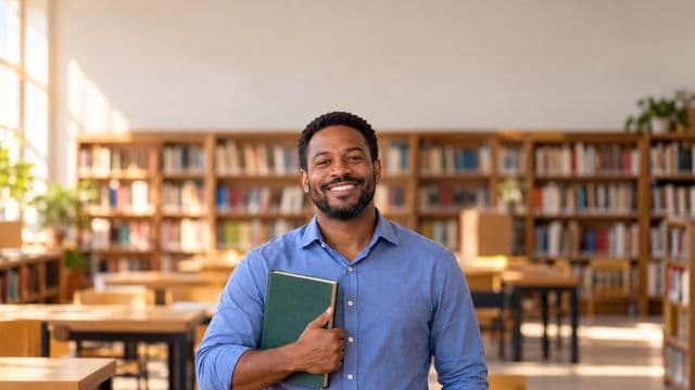 Professor de língua portuguesa sorrindo, com camisa social azul, segurando um livro de capa lisa, em uma biblioteca escolar com estantes