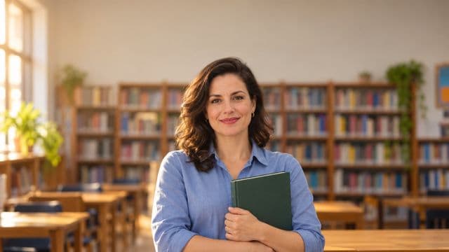 Professora de língua portuguesa sorrindo, com camisa social azul, segurando um livro de capa lisa, em uma biblioteca escolar com estantes