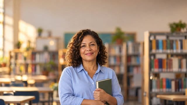 Professora de língua portuguesa sorrindo, com camisa social azul, segurando um livro de capa lisa, em uma biblioteca escolar com estantes