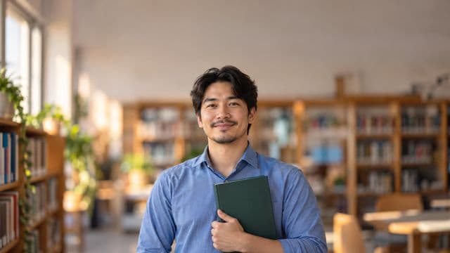 Professor de língua portuguesa sorrindo, com camisa social azul, segurando um livro de capa lisa, em uma biblioteca escolar com estantes