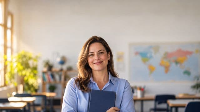 Professora de idiomas sorrindo, com camisa social azul, segurando um livro de capa lisa, em uma sala de aula de idiomas moderna