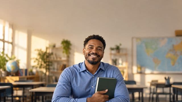 Professor de idiomas sorrindo, com camisa social azul, segurando um livro de capa lisa, em uma sala de aula de idiomas moderna