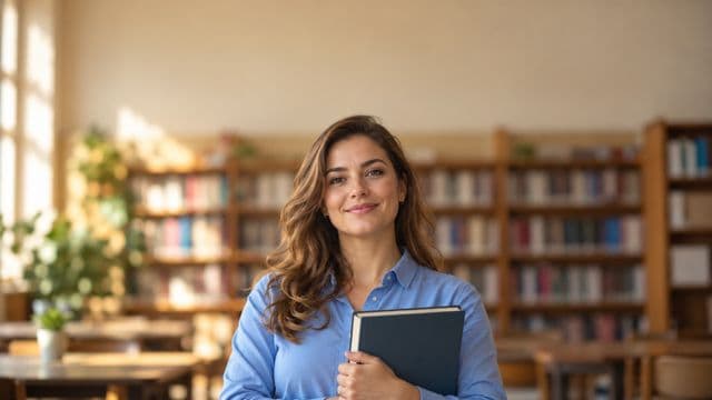 Professora de língua portuguesa sorrindo, com camisa social azul, segurando um livro de capa lisa, em uma biblioteca escolar com estantes