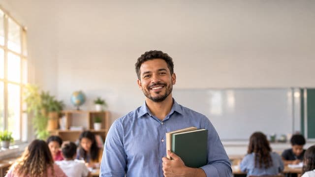 Professor sorrindo, com camisa social azul, segurando livros de capa lisa, em uma sala de aula moderna e clara com alunos desfocados