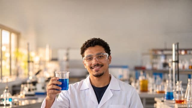 Professor de química sorrindo, com jaleco branco e óculos de proteção, segurando um béquer com líquido azul, em um laboratório de química com vidrarias