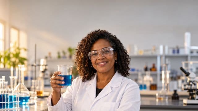 Professora de química sorrindo, com jaleco branco e óculos de proteção, segurando um béquer com líquido azul, em um laboratório de química com vidrarias