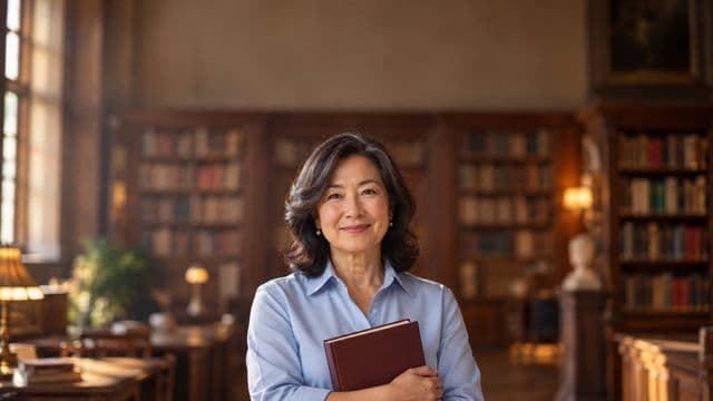 Teóloga sorrindo, com camisa social azul, segurando um livro de capa lisa, em uma biblioteca antiga com estantes de madeira
