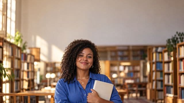 Professora de ciências humanas sorrindo, com camisa social azul, segurando um livro de capa lisa, em uma biblioteca universitária com estantes