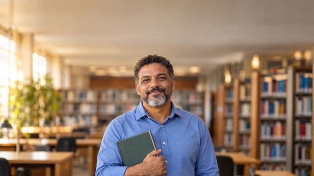 Professor de ciências humanas sorrindo, com camisa social azul, segurando um livro de capa lisa, em uma biblioteca universitária com estantes