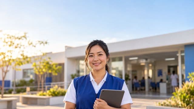 Agente de saúde pública sorrindo, com colete azul de equipe de saúde sobre camisa branca, segurando um tablet, em uma unidade básica de saúde moderna