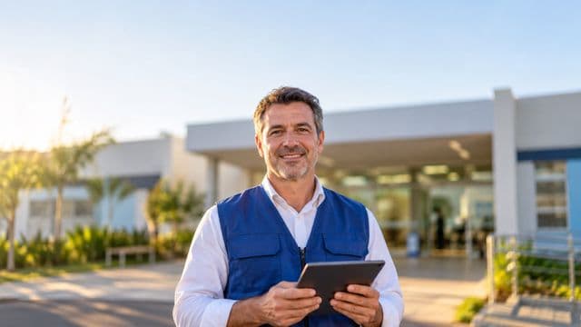 Agente de saúde pública sorrindo, com colete azul de equipe de saúde sobre camisa branca, segurando um tablet, em uma unidade básica de saúde moderna