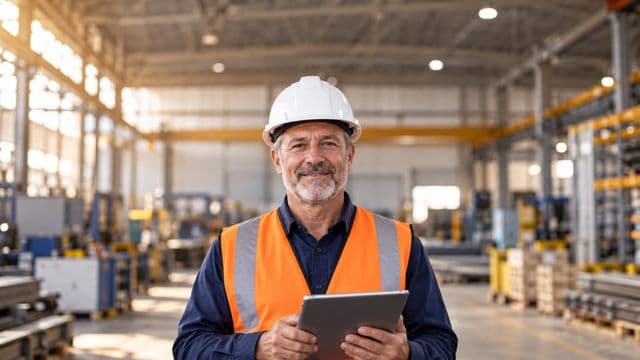 Técnico de segurança do trabalho sorrindo, com capacete branco e colete refletivo laranja, segurando um tablet, em um galpão industrial organizado