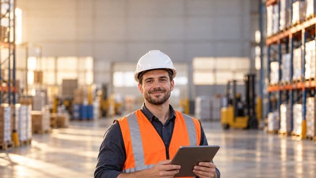 Técnico de segurança do trabalho sorrindo, com capacete branco e colete refletivo laranja, segurando um tablet, em um galpão industrial organizado