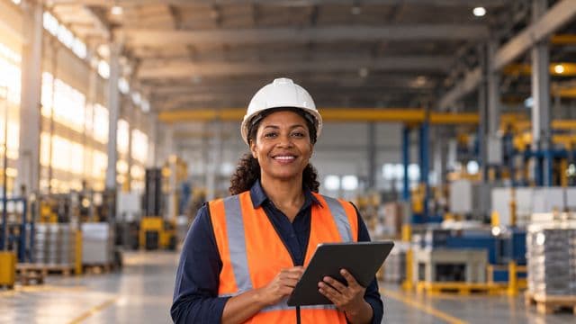 Técnica de segurança do trabalho sorrindo, com capacete branco e colete refletivo laranja, segurando um tablet, em um galpão industrial organizado