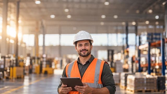 Técnico de segurança do trabalho sorrindo, com capacete branco e colete refletivo laranja, segurando um tablet, em um galpão industrial organizado