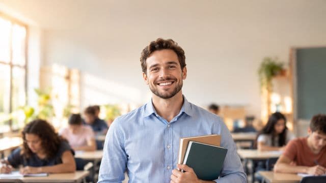 Professor sorrindo, com camisa social azul, segurando livros de capa lisa, em uma sala de aula moderna e clara com alunos desfocados