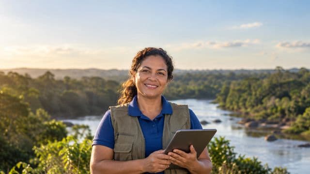 Gestora ambiental sorrindo, com camisa polo azul e colete de campo, segurando um tablet, em uma área de preservação com mata e um rio