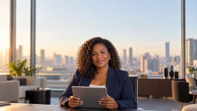 Analista financeira sorrindo, com terno azul-marinho, segurando um tablet, em um escritório corporativo com vista para a cidade