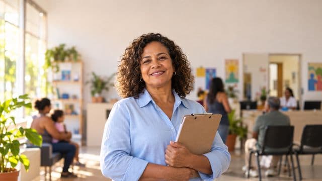 Assistente social sorrindo, com camisa azul-clara, segurando uma prancheta, em um centro de assistência social claro e acolhedor