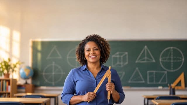 Professora de exatas sorrindo, com camisa social azul, segurando um compasso de madeira, em uma sala de aula com lousa coberta de formas geométricas