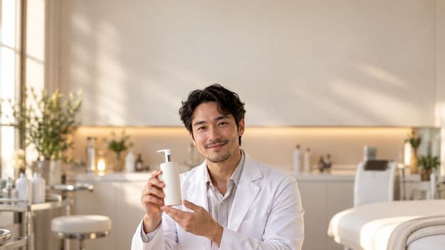 Profissional de estética sorrindo, com jaleco branco, segurando um frasco de cosmético sem rótulo, em uma clínica de estética clara e sofisticada