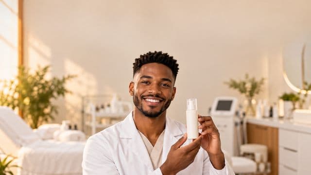 Profissional de estética sorrindo, com jaleco branco, segurando um frasco de cosmético sem rótulo, em uma clínica de estética clara e sofisticada